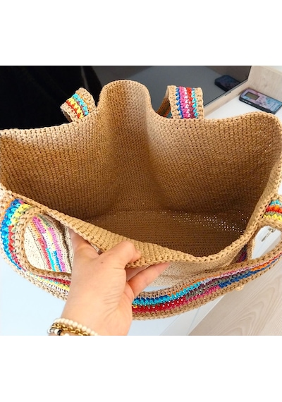 Kemzey Handmade Xxl Bohem Hasır Çanta , El Yapımı Büyük Çantalar Çok Renkli