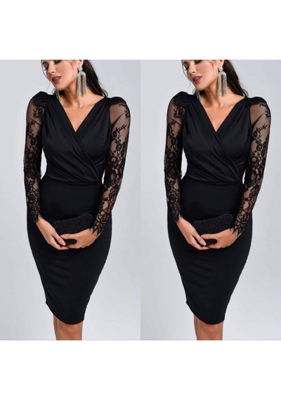 Moderie Butik Kadın Uzun Kollu Kruvaze Yaka Kollar Tül Detay Ithal Krep Mini Boy Elbise Siyah