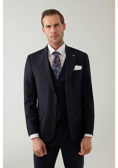Erkek Lacivert Sivri Yaka Slim Fit Yelekli Takım Elbise