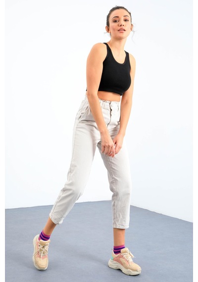 Tommy Life Siyah Basic Sıfır Kol Dar Kalıp U Yaka Kadın Crop Top Atlet - 97162 Siyah
