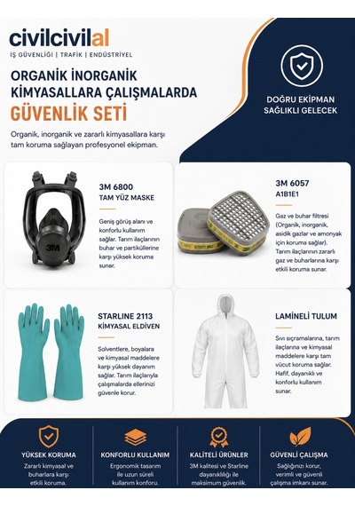 İlaçlama Boya İşleri Tam Koruma Set-6 3m Maske Filtre Lamineli Tulum Eldiven
