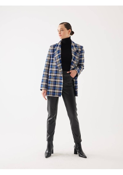 Ekose Desen Saks Kruvaze Oversize Blazer Ceket 001