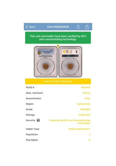 Pcgs Ms62bn 1932 B İsviçre 1rap Sertifikalı Nfc Çipli Özel Koleksiyon Parası