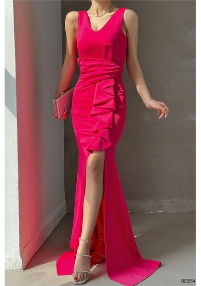 Store Krep Yaka Kuyruklu Elbise V Kumaş Abiye Fuşya - 935898446 Fuşya