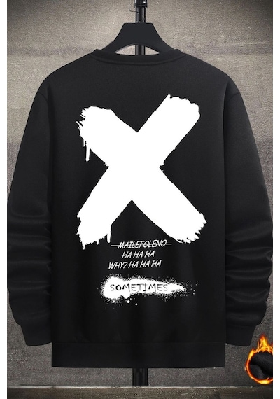 Unisex Sometimes X Baskılı Bisiklet Yaka Sweatshirt Siyah