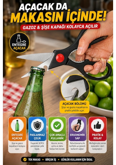 Çok Amaçlı Mutfak Makası Paslanmaz Çelik Tavuk Et Balık Sebze Ceviz Kıracağı Şişe Açacağı 21cm 3cr13