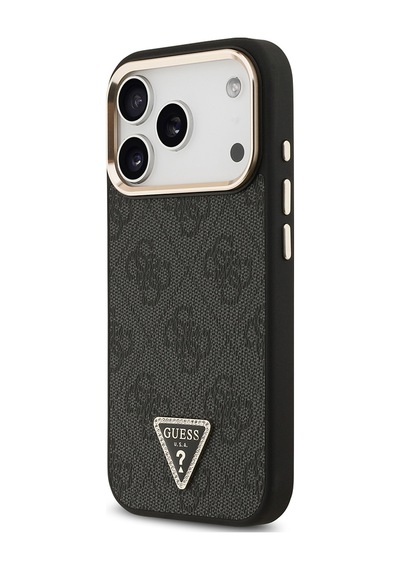 Apple Uyumlu iPhone 17 Pro Kılıf Guess Lisanslı M-safeli Gold Kamera Çerçeveli Taşlı Üçgen Logo 4g Desenli Siyah Siyah