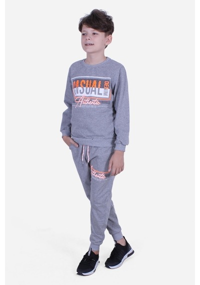 Cyberrabit Baskılı Erkek Çocuk Kanguru Cepli Kapüşonlu Gri Sweatshirt Gri