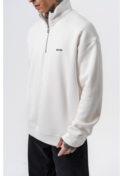 Erkek Respire Yazı Detaylı Yarım Fermuarlı Basic Sweatshirt Ekru