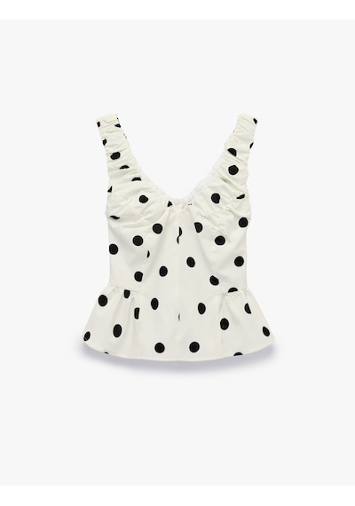 Koton Koton X Sibil Çetinkaya - V Yaka Kolsuz Fırfırlı Peplum Kesim Puantiyeli Poplin Bluz Beyaz Desenli 6sak30076uw