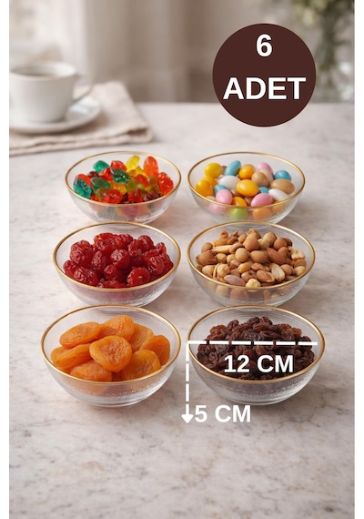 6 Lı İ Gold Yaldızlı Cam Kase - 12 Cm Şık Sunum Kasesi - Çerezlik, Magnolia,tatlı Servis Kasesi Şeffaf