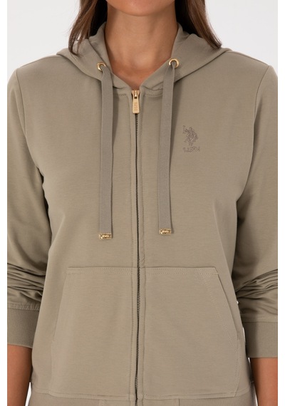 U.S. Polo Assn. Kadın Açık Haki Fermuarlı Kapüşonlu Sweatshırt 50313594-VR183