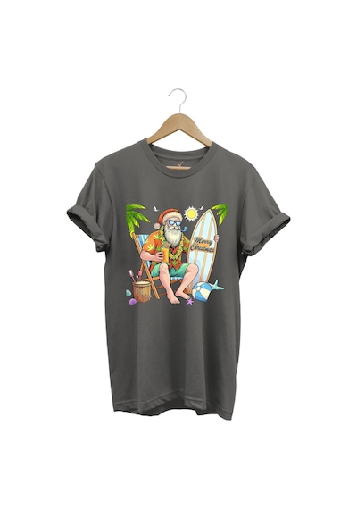 Merry Christmas Yaz Temalı Plajda Noel Baba Baskılı %100 Pamuk Unisex Regular Fit T-shirt Gri