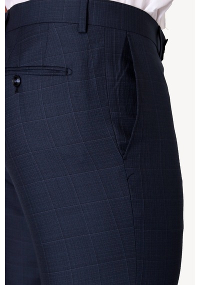 Erkek Lacivert Slim Fit Yelekli Kareli Desen Takım Elbise