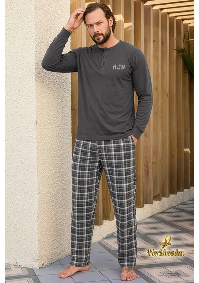 Hermevsim Aydoğan Erkek Pijama Takımı %100 Pamuk Süprem Patlı Yaka Uzun Kol Koyu Gri Tuna 260537 Hermevsim Aydoğan Erkek Pijama Takımı %100 Pamuk Süprem Patlı Yaka Uzun Kol Koyu Gri Tuna 260537