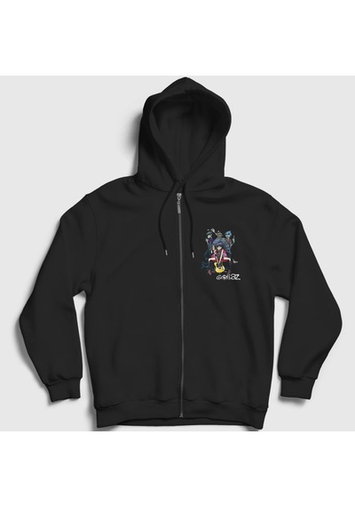 Presmono Unisex Band Gorillaz Fermuarlı Kapüşonlu Sweatshirt Siyah
