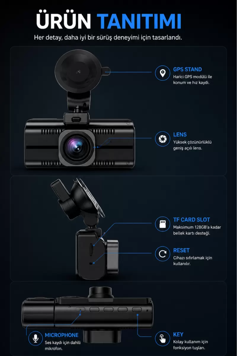 4k Araç İçi Kamera 3 Kameralı Ön-arka-iç Wifi Gps Park Modu Gece Görüşlü Araç İçi Kamera F6 Dash Cam