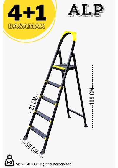 Karen Alp 4+1 Metal Basamaklı Katlanabilir Merdiven Siyah