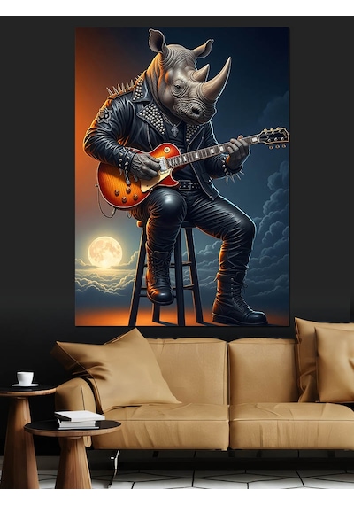 Gitar Çalan Gergedan Çizimi Dekoratif Kanvas - Mdf Ahşap Tablo
