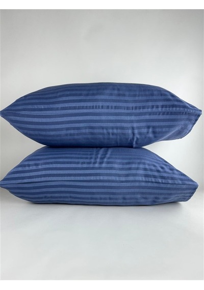 Çizgili Saten Indigo Mavi 2 Adet 50x70 Yastık Kılıfı Mavi
