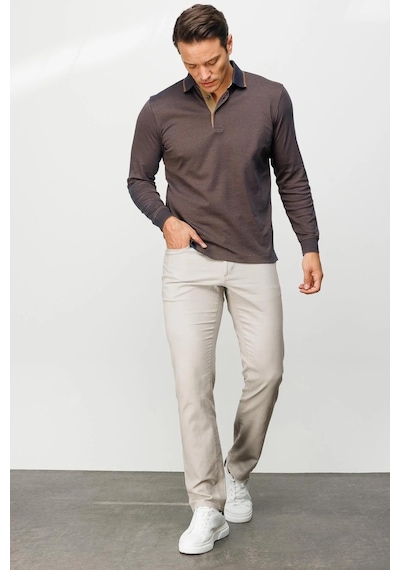 Desen Triko Erkek Polo Yaka Kare Desenli Uzun Kollu Sweatshirt Kahve Kahve