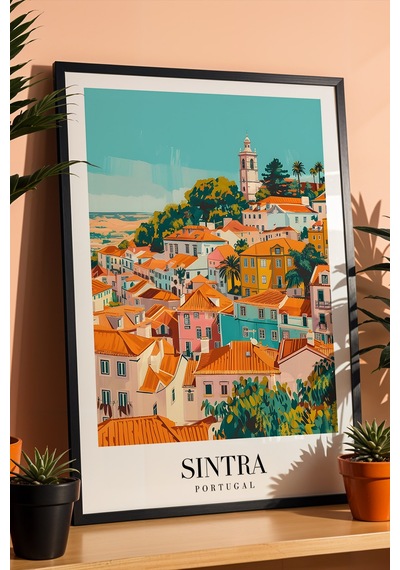 Sintra Portugal Vintage Seyahat Posteri Çerçeveli Tablo - Premium Portekiz Masalsı Duvar Dekoru Siyah