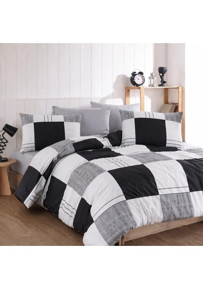 Lüks%80 Pamuklu Çift Kişilik Nevresim Takımı Seti Yorgan Kılıfı Siyah Gri Beyaz Kareli Desen 200x220 Cm + Lastik Diğer