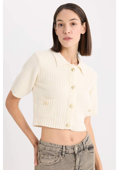 DeFacto Cropped Fit Gömlek Yaka Düğmeli Triko Kısa Kollu Hırka E1977AX24WNER105