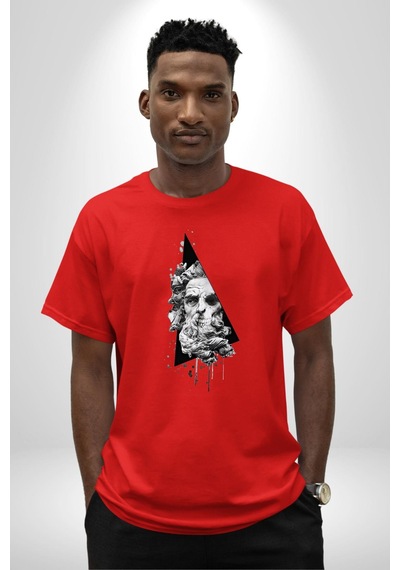 Poseidon Felsefe Pamuklu Bisiklet Yaka Unisex Oversize Boyfriend Dijital Baskılı Kırmızı T-shirt Kırmızı