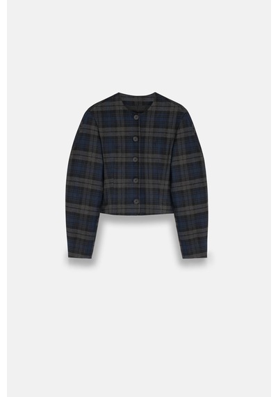 Kadın Lacivert Ekoseli Bisiklet Yaka Crop Blazer Lacivert