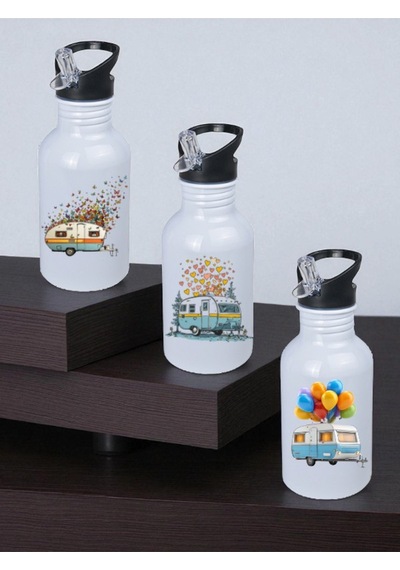 Karavanlar Baskılı Matara Suluk 3'lü - Su Matarası, Spor Matarası 600 Ml Beyaz