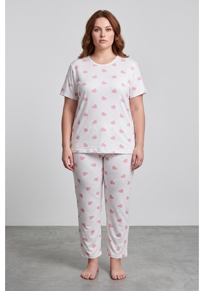Fullamoda Kalp Desenli Büyük Beden Pijama Takımı Pudra