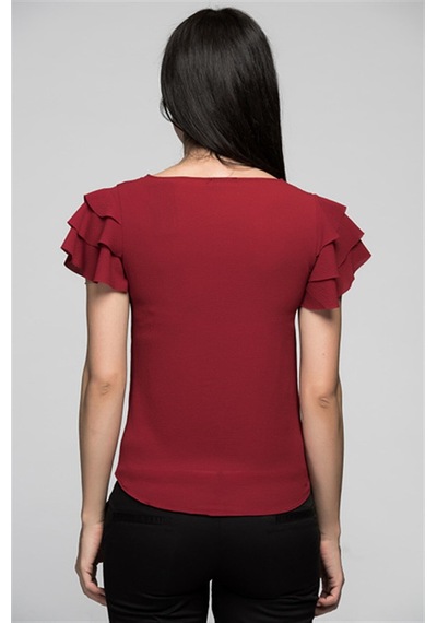 Cotton Mood Cottonmood 7222201 Kobe Fırfırlı Kısa Kol Bluz Bordo - L