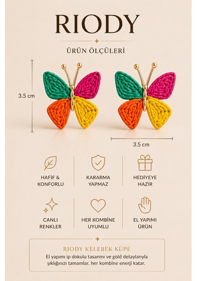 Rıody El Yapımı Renkli Kelebek Küpe Gold Detaylı Hafif Kadın Küpe Bohem Yaz Kombin Aksesuarı Çok renkli