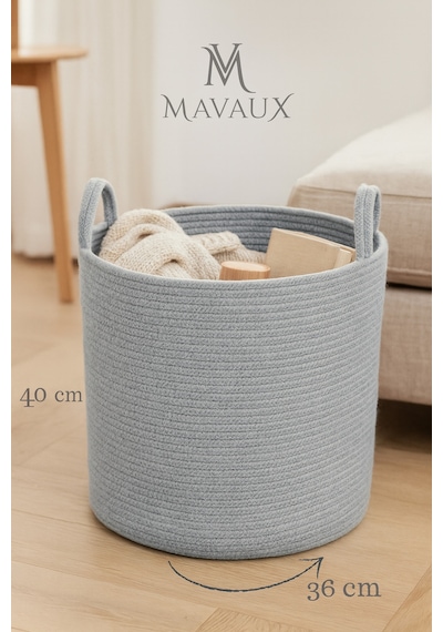 Mavaux El İşçiliği Dokulu Büyük Boy Sepet 40 X 36 Cm Dekoratif Ev Düzeni, Oyuncak Ve Çamaşır Organizer Gri