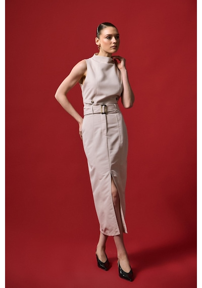 Sateen Jessi Yırtmaçlı Etek - Bej-137285