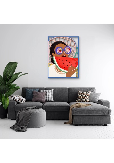 Karpuz Yiyen Gözlüklü Kadın - Metal Tablo - Dec0339 48 X 65 Cm Çok Renkli