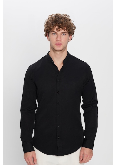 Tudors Erkek Slim Fit Dar Kesim Pamuklu Kolay Ütü Siyah Hakim Yaka Gömlek-22418 Siyah