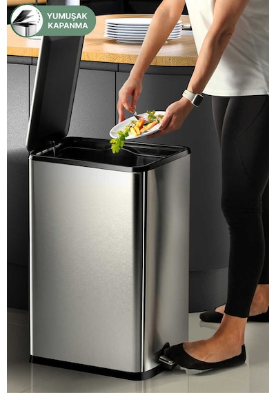 Primanova Dikdörtgen Paslanmaz Çöp Kovası 40 Litre - Inox Inox