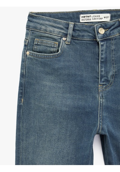 Koton Normal Bel Dar Kesim Düğmeli Pamuklu İspanyol Paça Denim Pantolon - Flare Jeans Green Cast 6sal40190md Yeşil