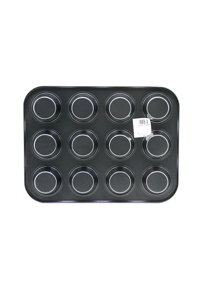 12 Gözlü Metal - Siyah Düz Muffin - Kek Kalıp Bx40 26 Cm
