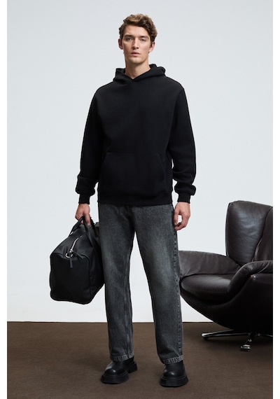 Grimelange AMOS Erkek Yumuşak Kumaşlı 3 İplik Oversize Kapüşonlu Kanguru Cepli Siyah Sweatshirt
