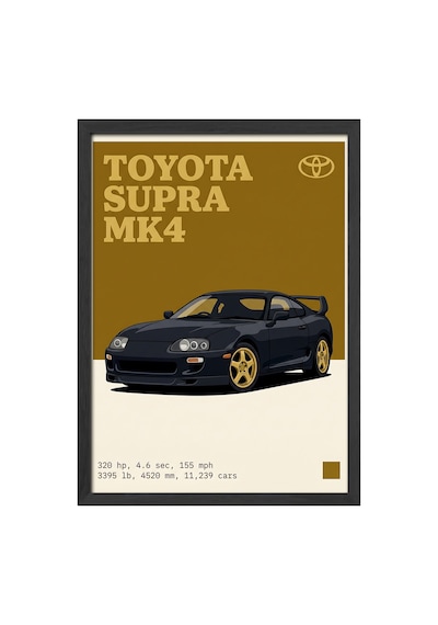Toyota Supra Mk4 Siyah Ahşap Çerçeveli Poster, Dekoratif Araba Duvar Tablosu