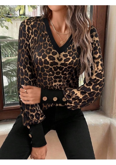 De'charme Kadın Uzun Kollu V Yakalı Desenli Süprem Bluz Leopar