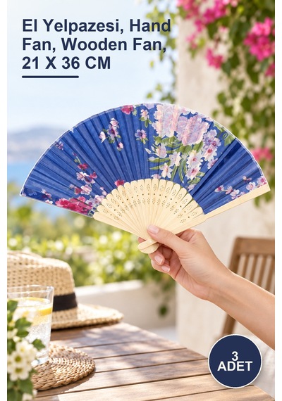 3 Adet Ahşap Yelpaze El Yelpazesi, Hand Fan, Wooden Fan, 21 X 36 Cm