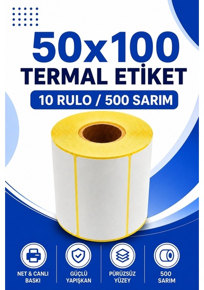 50x100mm Termal Etiket 10 Rulo 500 Sarım Ribonsuz Kargo, Lojistik, Depo Yapışkanlı 1