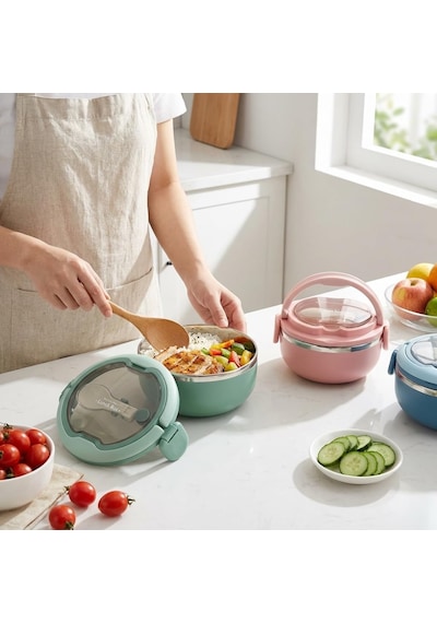 700 Ml Paslanmaz Çelik Yemek Kabı, Kaşıklı, Saplı Ve Kilitli Yuvarlak Lunch Box, Mavi Yeşil Pembe Renk Seçenekli, 12x11x13cm Kapaklı Saklama Ve Taşıma Kabı Çok Renkli
