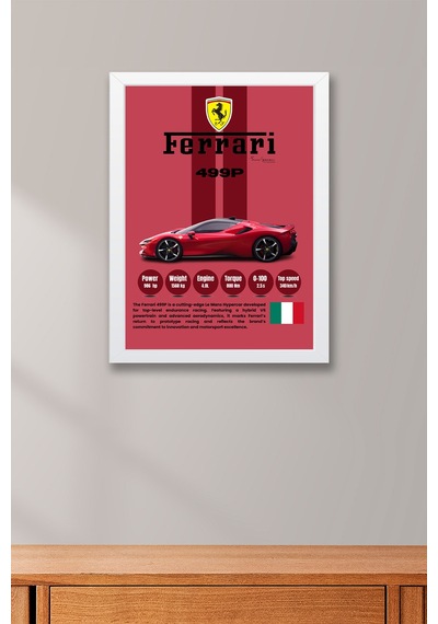 Ferrari 499p Premium Le Mans Hiper Araba Tablosu - Teknik Özellikli Otomobil Duvar Dekoru Beyaz
