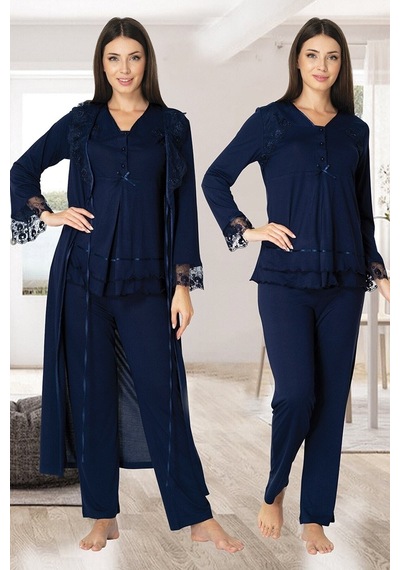 Daniska Effort Kadın Lacivert Uzun Kollu Lohusa Hamile Pijama Takımı Sabahlık 2424 Çok Renkli