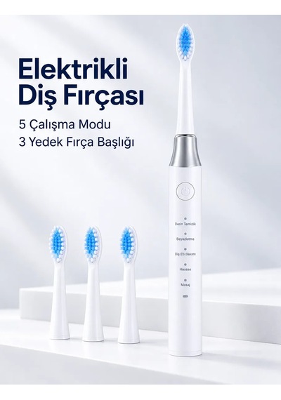 3 Yedek Başlık Hediyeli Usb Şarjlı Beyaz Elektrikli Diş Fırçası